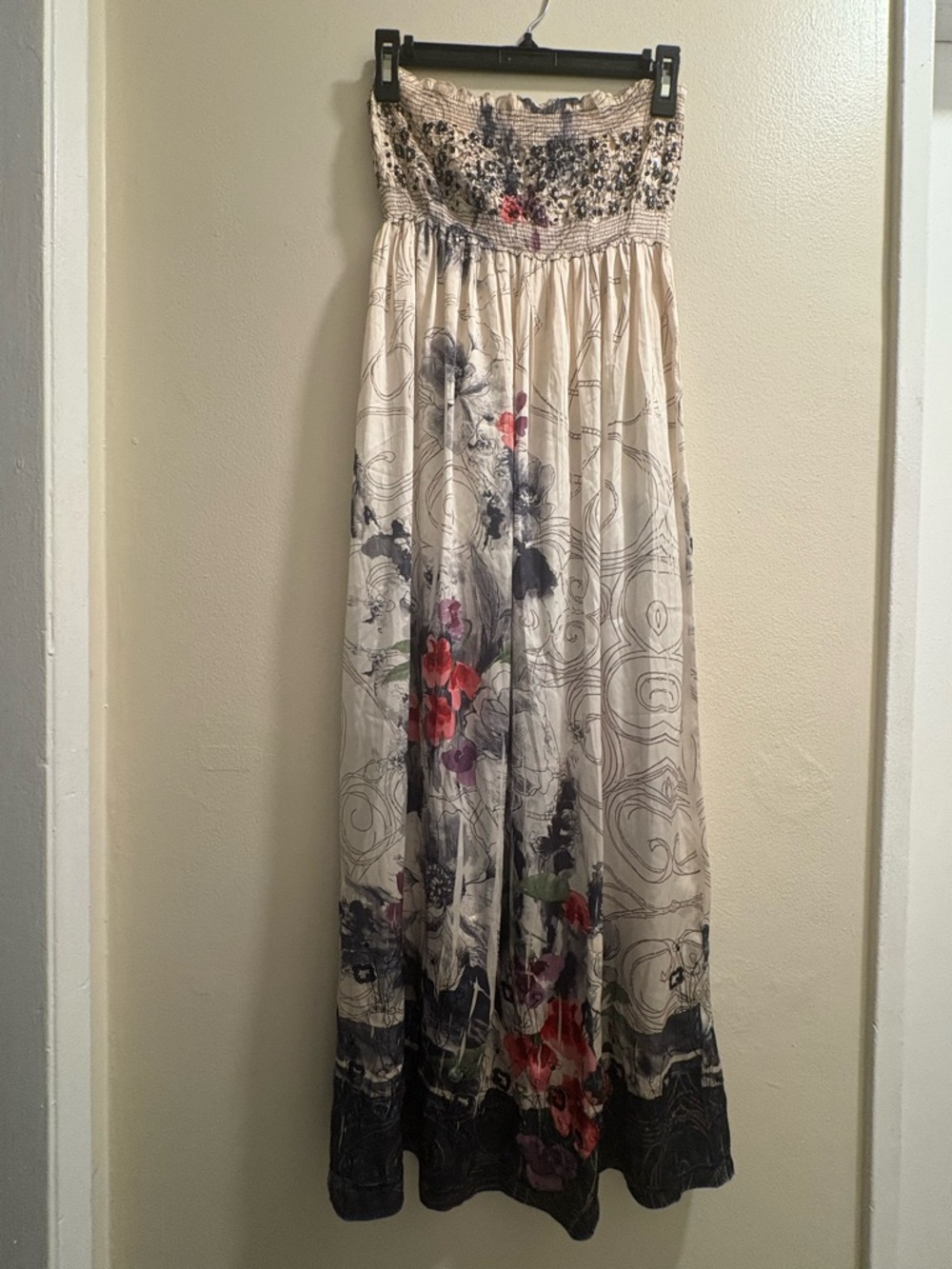 Strapless Floral Maxi Dress in Cream with Multicolor Print